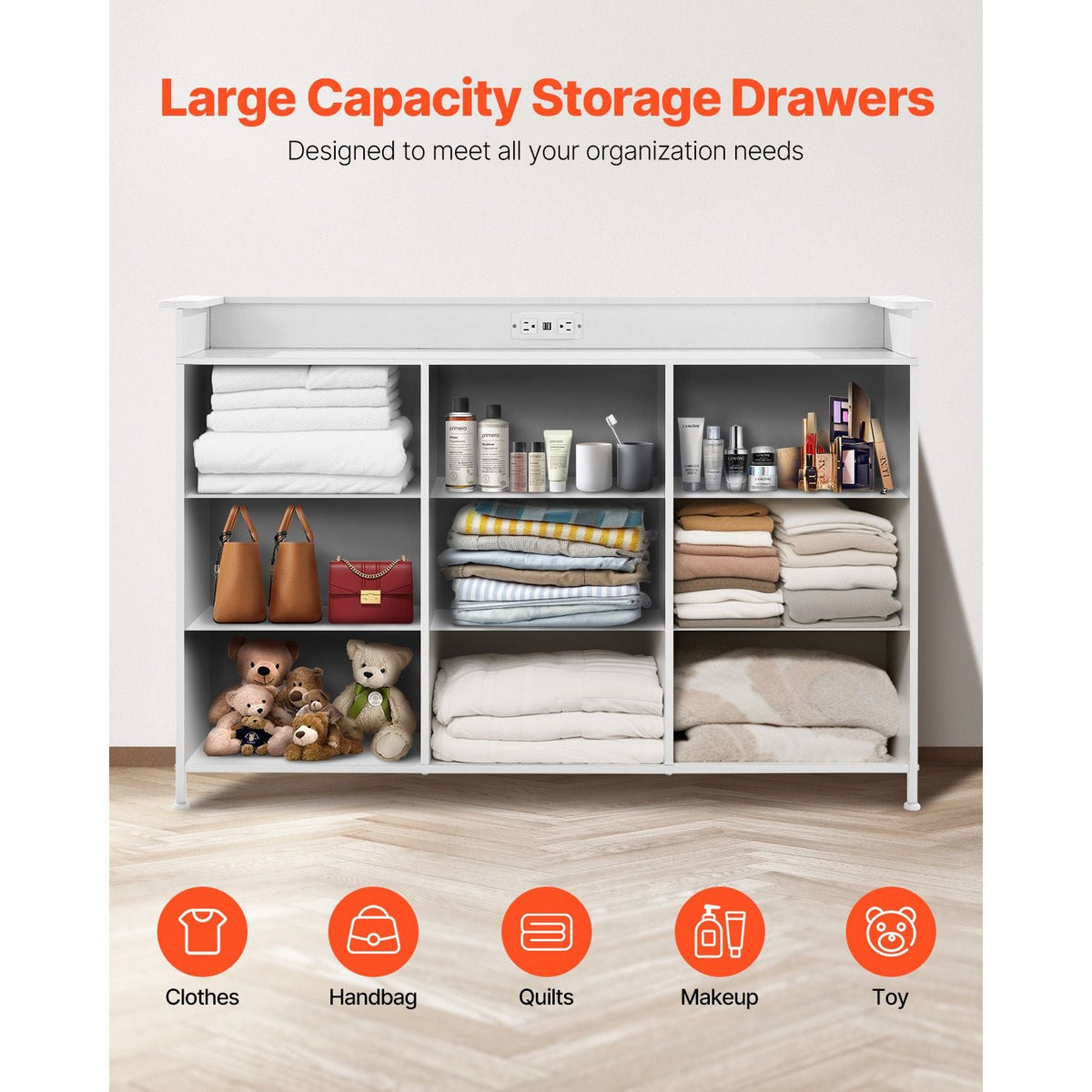 9 Drawer Dresser, Tall Drawer Dresser with Fabric Bin, Closet Storage Drawers with Sturdy Metal Frame, LED Lights & Built-in Outlet, Fabric Storage Tower for Bedroom, Hallway, Closet, White