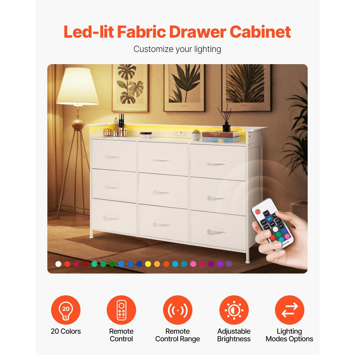 9 Drawer Dresser, Tall Drawer Dresser with Fabric Bin, Closet Storage Drawers with Sturdy Metal Frame, LED Lights & Built-in Outlet, Fabric Storage Tower for Bedroom, Hallway, Closet, White