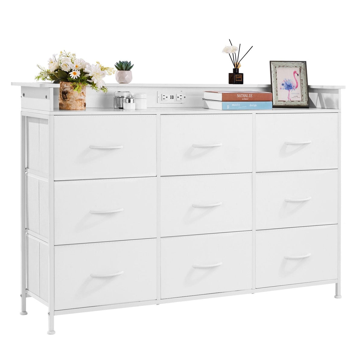 9 Drawer Dresser, Tall Drawer Dresser with Fabric Bin, Closet Storage Drawers with Sturdy Metal Frame, LED Lights & Built-in Outlet, Fabric Storage Tower for Bedroom, Hallway, Closet, White