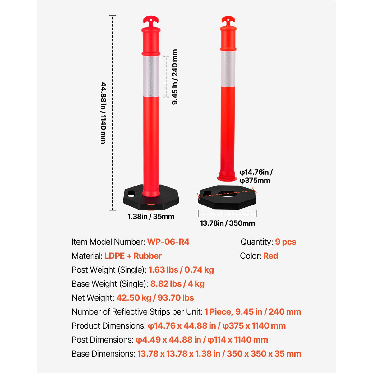 9 Pack Traffic Delineator Posts, 48 inches Traffic Safety Cones with Weighted Base and Reflective Strips, Heavy Duty Delineator Posts for Construction Site, Parking Lot, Crowd Control, Red