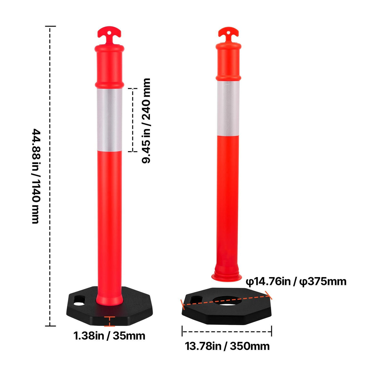 9 Pack Traffic Delineator Posts, 48 inches Traffic Safety Cones with Weighted Base and Reflective Strips, Heavy Duty Delineator Posts for Construction Site, Parking Lot, Crowd Control, Red