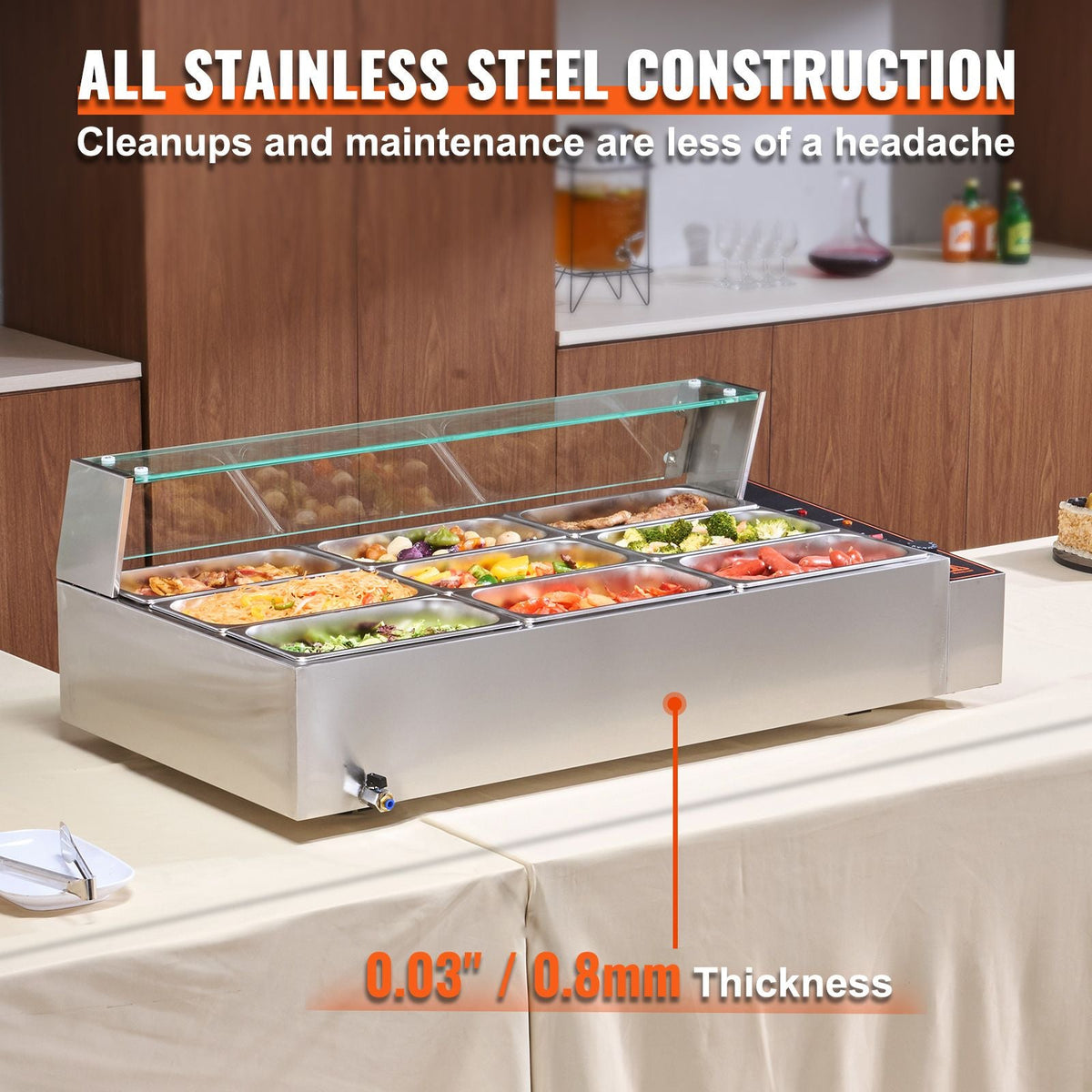 9-Pan Commercial Food Warmer, 9 x 5QT Electric Steam Table with Glass Cover, 1500W Countertop Stainless Steel Buffet Bain Marie 86-185 Fahrenheit Temp Control for Catering, Restaurants, Silver