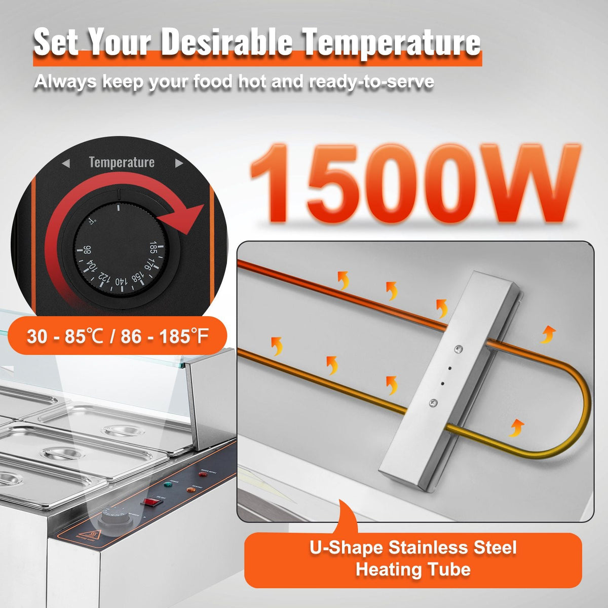 9-Pan Commercial Food Warmer, 9 x 5QT Electric Steam Table with Glass Cover, 1500W Countertop Stainless Steel Buffet Bain Marie 86-185 Fahrenheit Temp Control for Catering, Restaurants, Silver