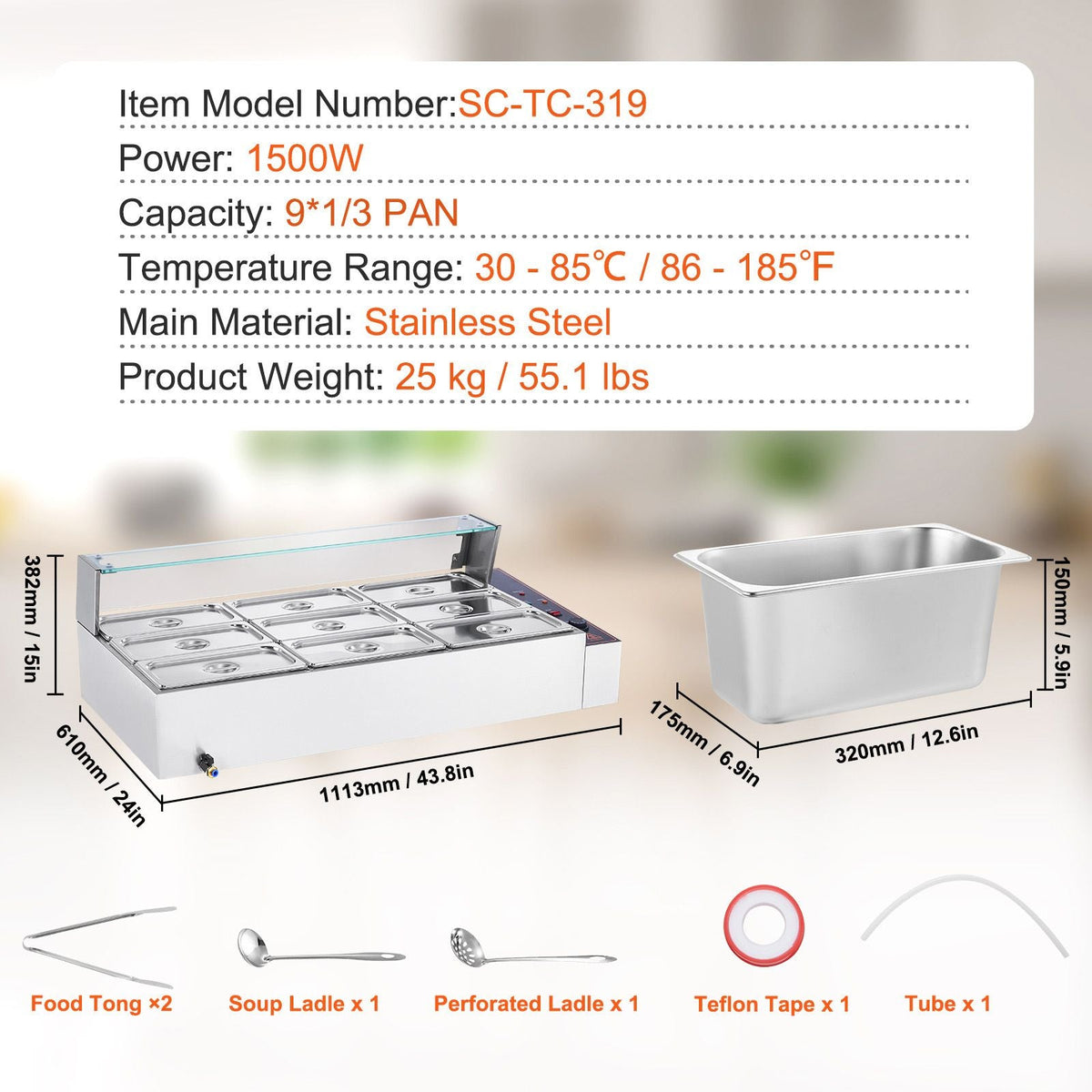 9-Pan Commercial Food Warmer, 9 x 5QT Electric Steam Table with Glass Cover, 1500W Countertop Stainless Steel Buffet Bain Marie 86-185 Fahrenheit Temp Control for Catering, Restaurants, Silver