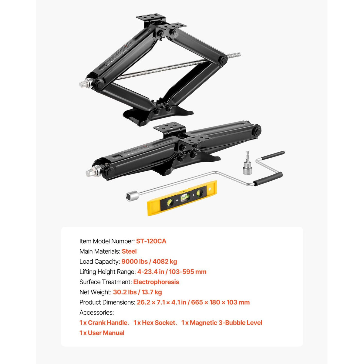 9000 lbs RV Scissor Jacks, 4-23.4 in RV Stabilizer Leveling Scissor Jacks, Set of 2, Heavy Duty Stabilizer Jack with Crank Handle, Socket and Bubble Levels, Not Easily Bent or Deformed