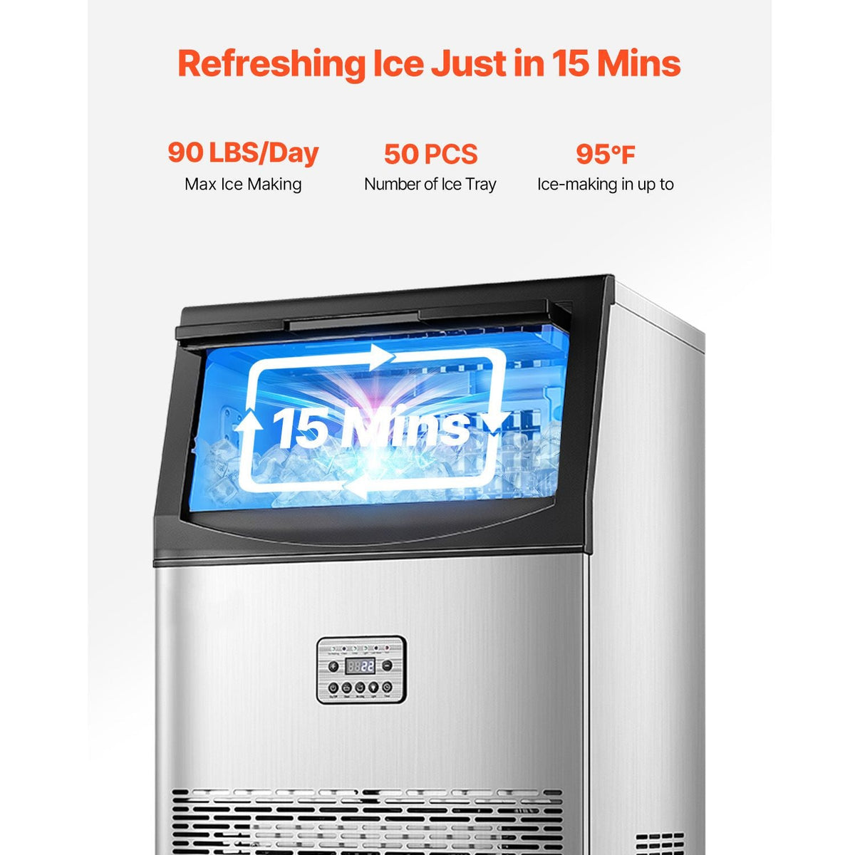 90lbs/24H Commercial Ice Maker Machine, 33lbs Storage Capacity Ice Maker with Drain Pump, 50 Ice Cubes in 15 Minutes, LED Digital Display Freestanding Self-Cleaning for Bar Office Restaurant