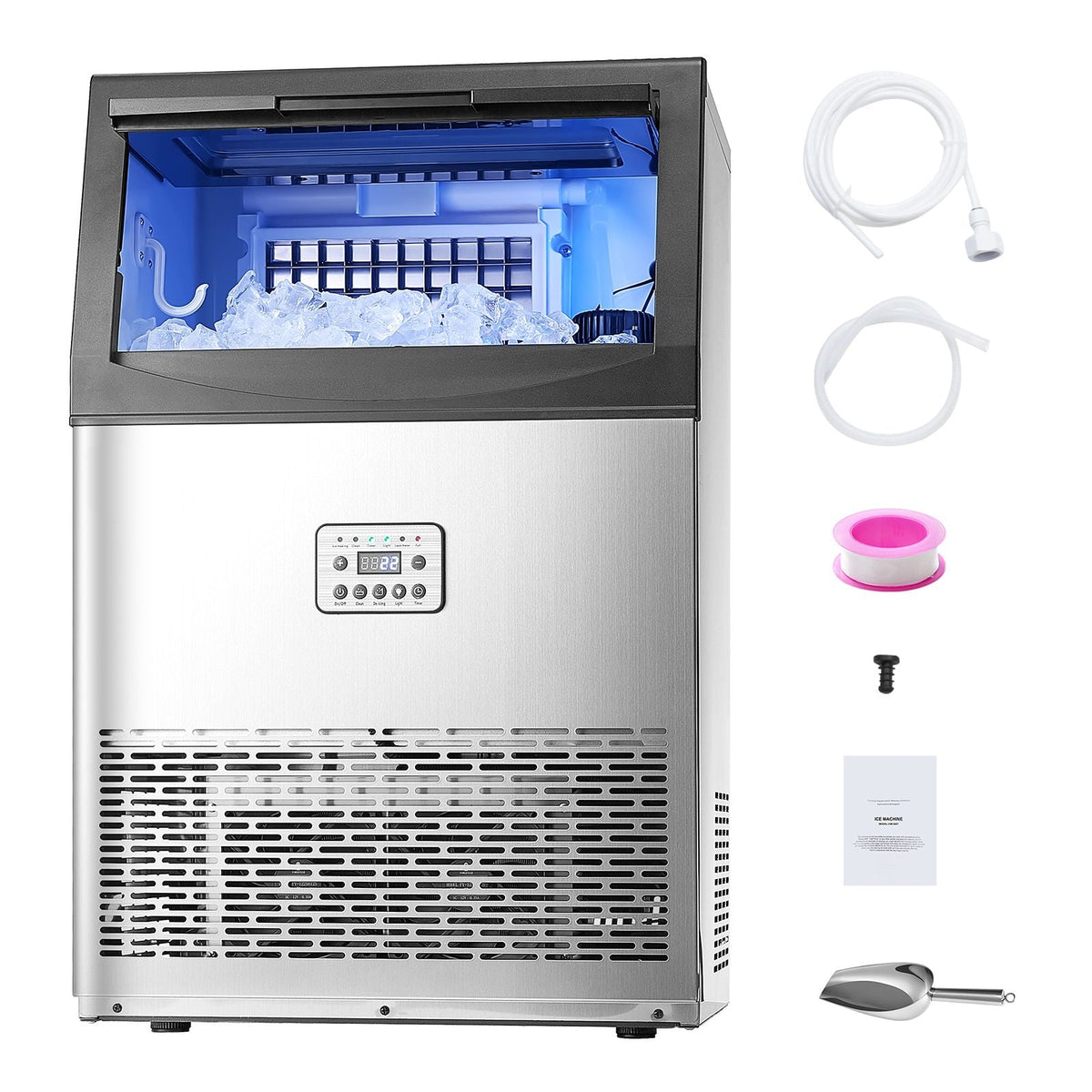 90lbs/24H Commercial Ice Maker Machine, 33lbs Storage Capacity Ice Maker with Drain Pump, 50 Ice Cubes in 15 Minutes, LED Digital Display Freestanding Self-Cleaning for Bar Office Restaurant