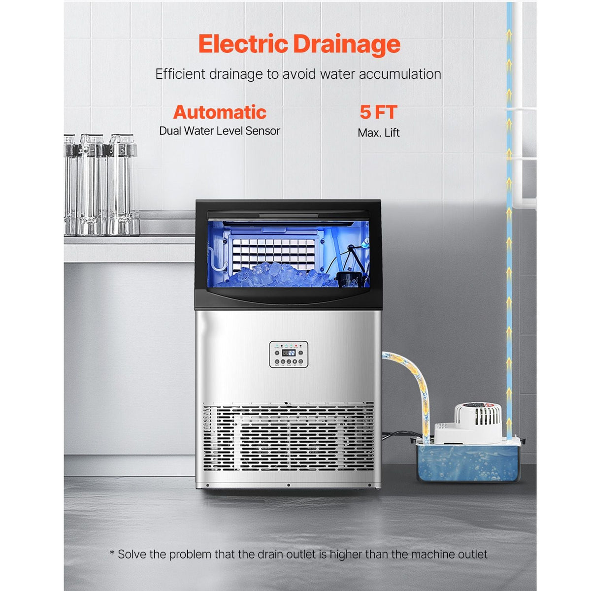 90lbs/24H Commercial Ice Maker Machine, 33lbs Storage Capacity Ice Maker with Drain Pump, 50 Ice Cubes in 15 Minutes, LED Digital Display Freestanding Self-Cleaning for Bar Office Restaurant