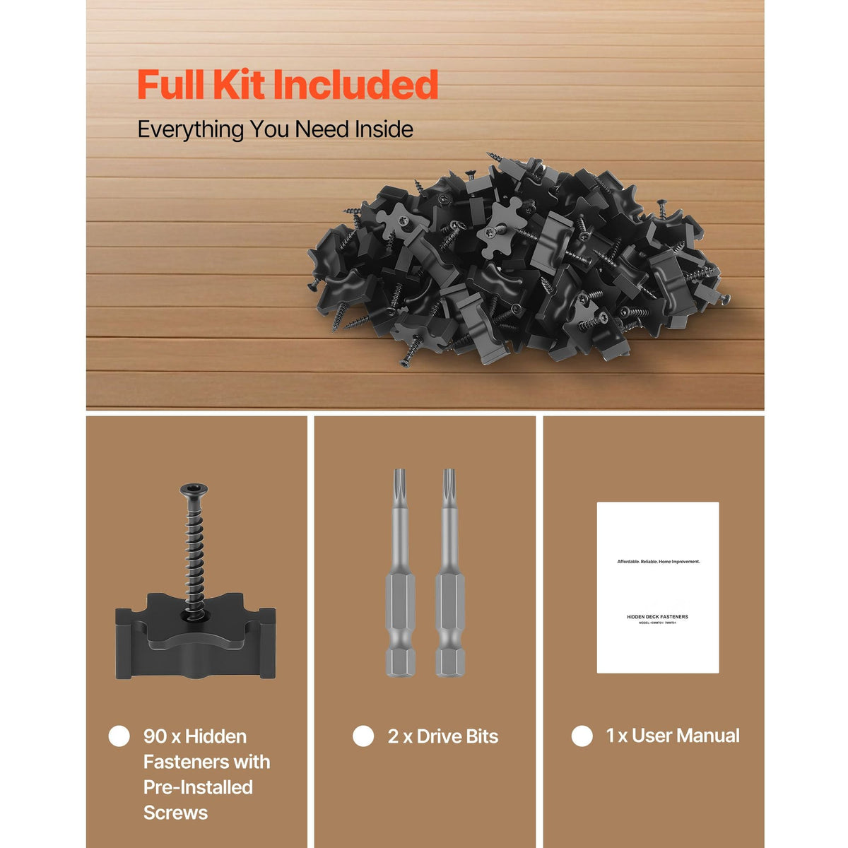 90PCS Hidden Deck Fasteners for Composite Decking Board, Universal Composite T Clips & Plastic Hidden Fasteners with Metal Screws,Polypropylene PP Clips Works with 0.26 inch Gaps, Black