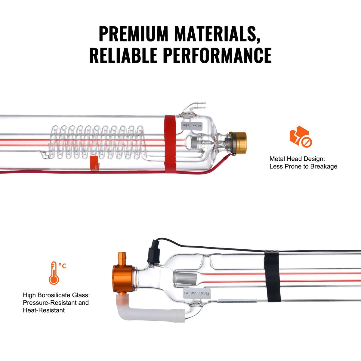 90W CO2 Laser Tube, 49.2 in (1250 mm) Length, 3.1 in (80 mm) Dia Borosilicate Glass Laser Cutter Tube with Metal Head, 10,000hr Wires Preconnected for Laser Engraver Engraving Cutting Machine