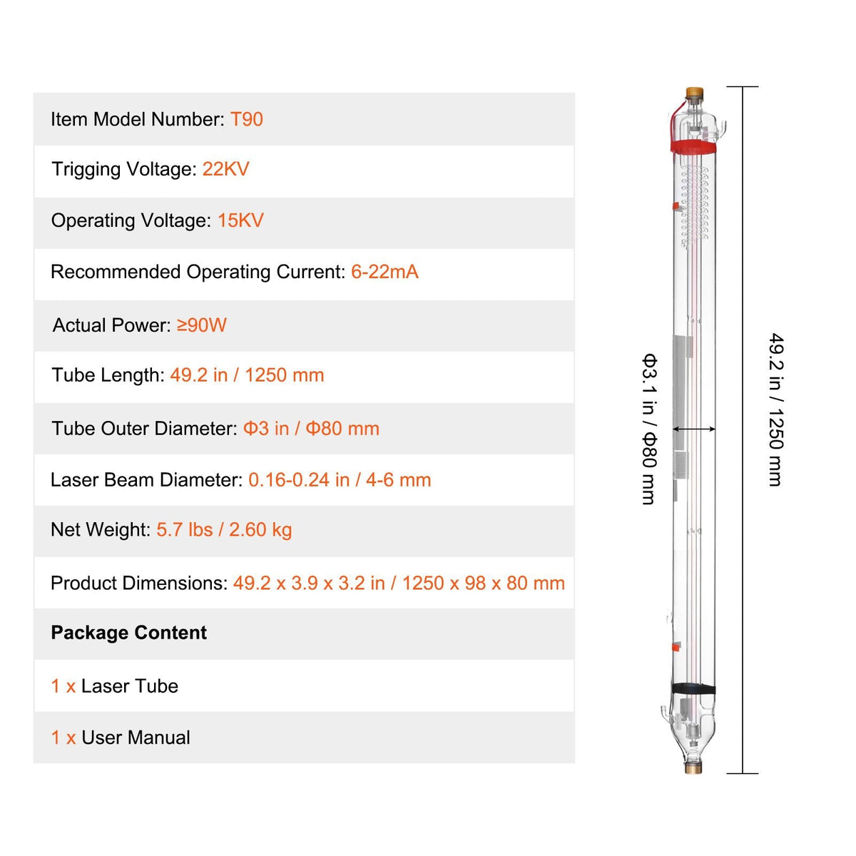 90W CO2 Laser Tube, 49.2 in (1250 mm) Length, 3.1 in (80 mm) Dia Borosilicate Glass Laser Cutter Tube with Metal Head, 10,000hr Wires Preconnected for Laser Engraver Engraving Cutting Machine