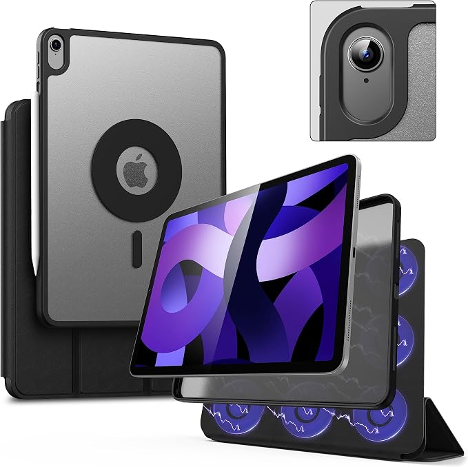 iPad Air 5th Generation Magnetic Case 2022 / iPad Air 4th 2020 Case Double-Layer Magnetic Folio Cover with Multiple Angles and Pencil Charging Support Premium PU Leather(Black)