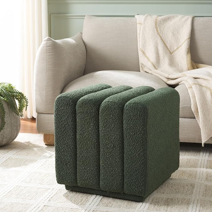 SAFAVIEH Home Collection Joseph Pine Green Boucle Channel Tufted Square Ottoman Seat Foot Rest (Fully Assembled)