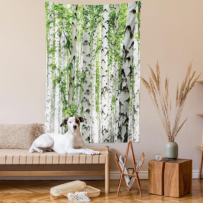 Ambesonne Woodland Tapestry Queen Size, Birch Trees in The Forest Summertime Wildlife Nature Outdoors Themed Picture, Wall Hanging Bedspread Bed Cover Wall Decor, Queen Size, White Green