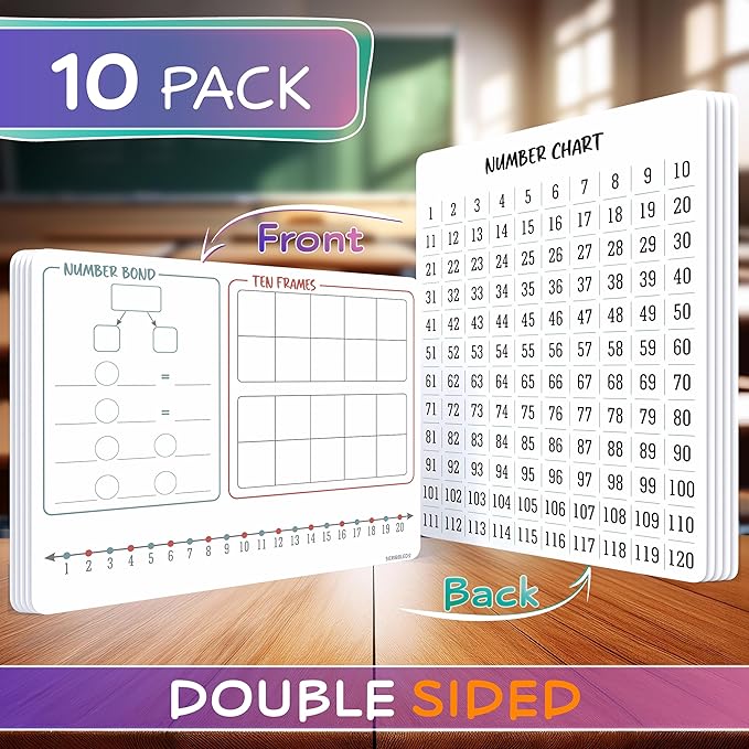 SCRIBBLEDO Number Bonds 9”x12” Small White Board Dry Erase Sheets Math Manipulatives Number Chart Ten Frame Number Line Math Supplies Teacher Students Classroom Pack of 10 Sheets