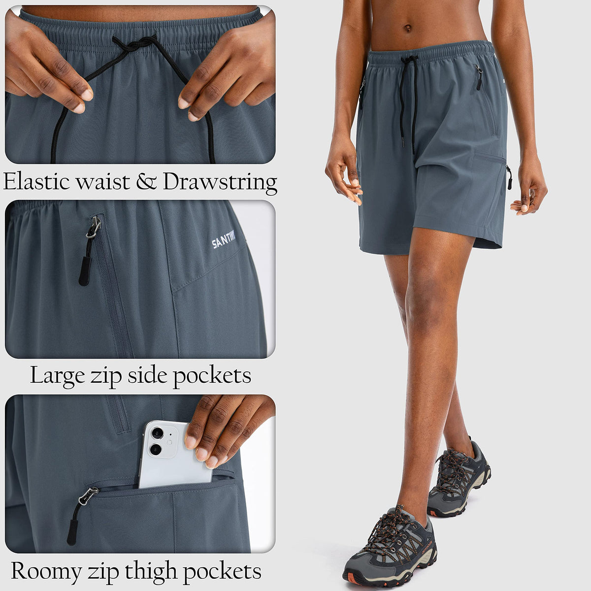 SANTINY Women's 5''/ 7''/9'' Hiking Cargo Shorts Quick Dry Lightweight Summer Shorts for Women Athletic Golf Zipper Pockets(Dusty Blue_S)