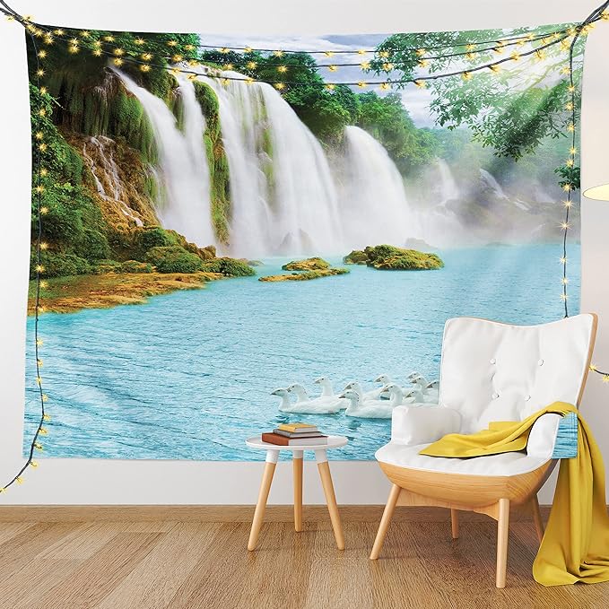 Ambesonne Waterfall Tapestry, Image of a Grand Waterfall with Swans in the Lake Sunny Day Nature Print, Fabric Wall Hanging Decor for Bedroom Living Room Dorm, 23" X 28", White Green