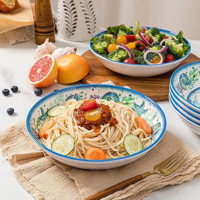 LEHAHA Melamine Pasta Bowls, Set of 6 9.25 inches 42 OZ Large Salad Serving Bowls, Coastal Melamine Dinner Deep Plates, Lightweight Soup/Cereal/Noodle Bowls set, Dishwasher Safe,Oceanic Design…