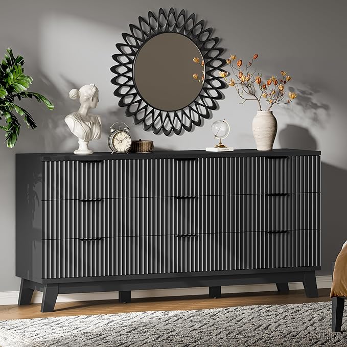 Fluted Dresser with 9 Drawers, 63" Wide Modern Chest of Drawers with Metal Handle, Wooden Dresser TV Stand, Wood Closet Clothes Storage Organizer for Bedroom, Living Room, Hallway, Solid Black