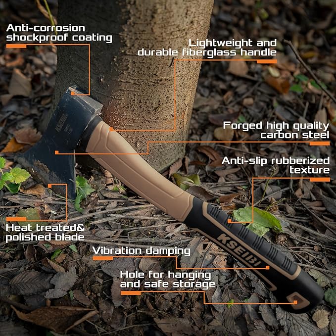 KSEIBI Outdoor Camping Hatchet with Sheath for Splitting and Kindling Wood, Forged Steel Blade with Anti-Slip and Shock Reduction Handle Great Throwing Axes and Hatchets (Tuscan Brown)