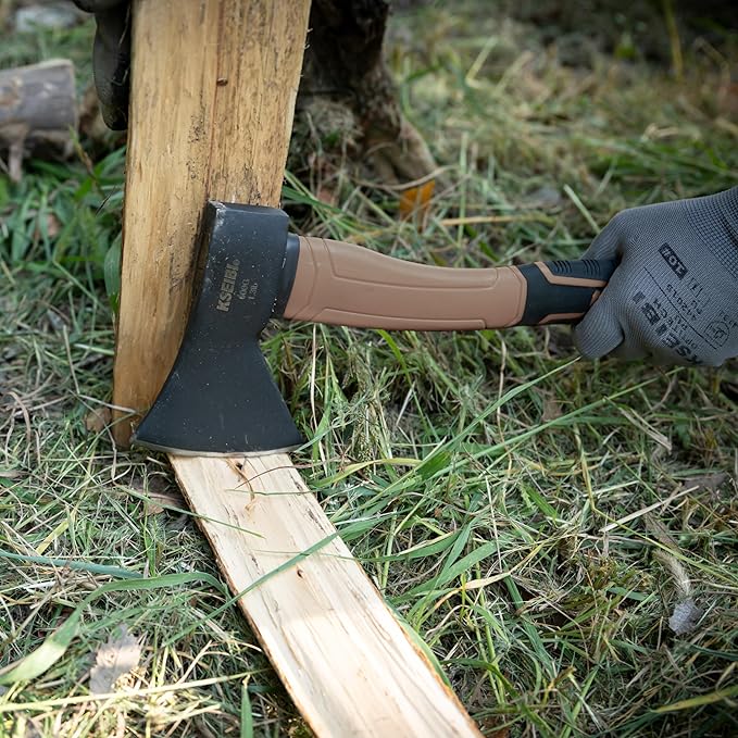 KSEIBI Outdoor Camping Hatchet with Sheath for Splitting and Kindling Wood, Forged Steel Blade with Anti-Slip and Shock Reduction Handle Great Throwing Axes and Hatchets (Tuscan Brown)