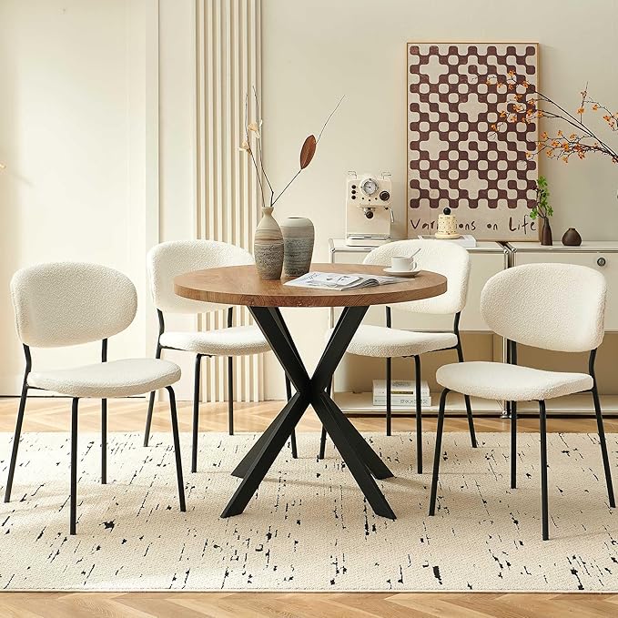 Round Dining Table Set for 4, Modern 5-Piece Kitchen Table Set, 37" Round MDF Living Coffee Table with 4 Seated Boucle Dining Chairs Upholstered, Metal Legs for Dining Hall, Living Room