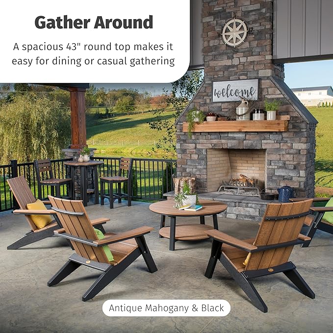 LuxCraft Deluxe Poly Round Outdoor Coffee Table, Two Tier Coffee Table, Round Conversation Tables for Outside Patio with Lower Shelf - Amish Made in USA (Antique Mahogany & Black)