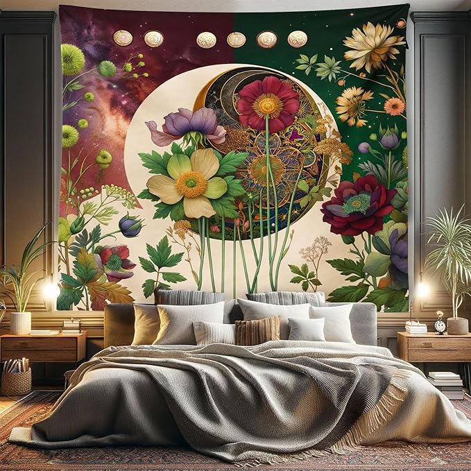 Ambesonne Moon Tapestry King Size, Abstract Blooming Gentle Leafy Flowers with Lunar Phase Ethno Details, Wall Hanging Bedspread Bed Cover Wall Decor, 104" X 88", Fern Green Eggshell Lilac