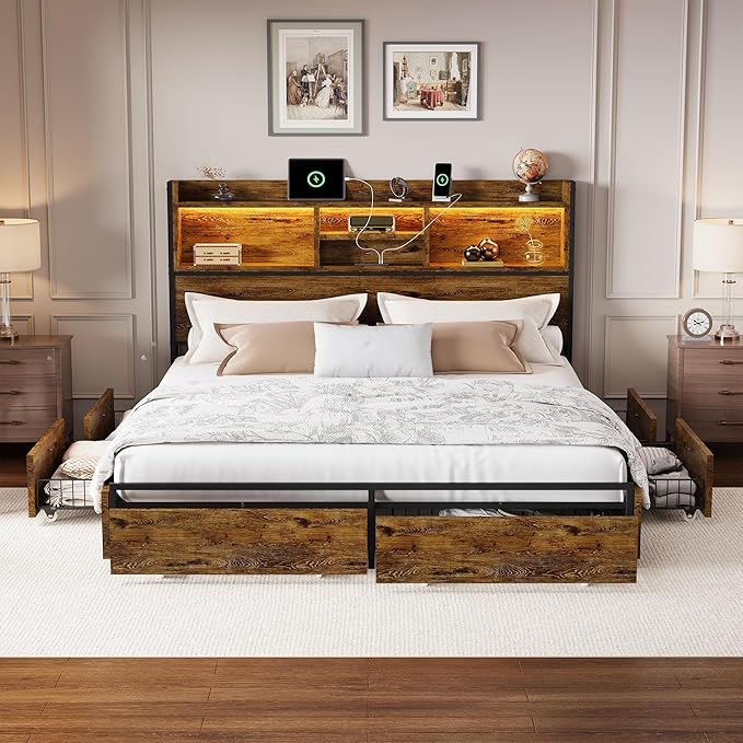 LARMACE Queen Size Bed Frame with 6 Storage Drawers and Headboard Wooden Platform Bed Frame with LED Lights and Charging Station Easy Assembly/No Box Spring Needed/Vintage Brown
