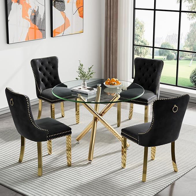 36" Round Glass Dining Room Table for 4 with Tempered Glass Top and Gold Chrome Metal Tube Legs, Modern Clear Kitchen and Dinner Table for Home Office Dining Room