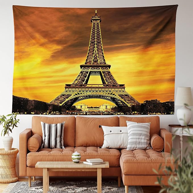 Ambesonne Eiffel Tower Tapestry King Size, Paris Love City Monument in Dramatic Sunrise Picture of French Landmark, Wall Hanging Bedspread Bed Cover Wall Decor, 104" X 88", Yellow Brown