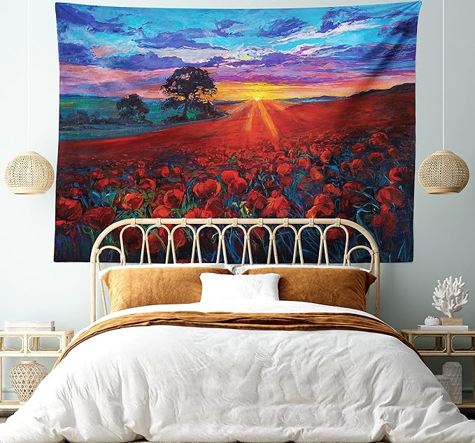 Ambesonne Country Tapestry King Size, Clouds at Sunset Paint Scenery of Poppy Flower Garden on Valley with Horizon, Wall Hanging Bedspread Bed Cover Wall Decor, 104" X 88", Burgundy Deep Sky Blue