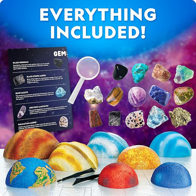 National Geographic Ultimate Space Gemstone Dig Kit – 8 Planet-Shaped Bricks with 16 Real Rock & Gemstone Specimens, Gems for Kids, Excavation Digging Activity, Gem Mining Kit