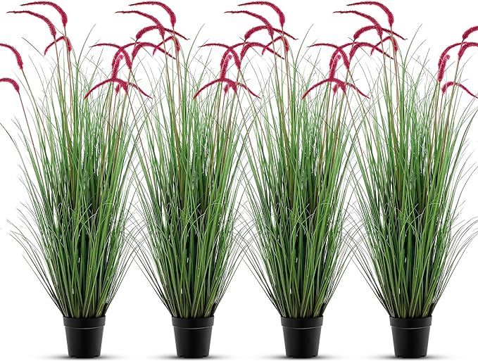 Jexine 4 Pieces Faux Plants Outdoor 4 ft Tall Artificial Grass Plant Potted Artificial Setaria Grass Faux Greenery Floor Plants for Housewarming Gift House Garden Lobby Outdoor (Purple)