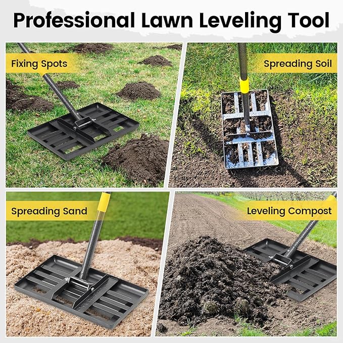 Lawn Leveling Rake, Heavy Duty 17"x10" Curved Ground Plate, 72" Long Handle Lawn Leveler Tool Landscape Rake for Compost Soil Dirt Sand Grass Peat Moss