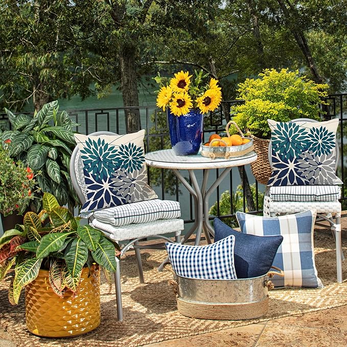 DFXSZ Outdoor Pillow Covers 16x16 Inch Set of 2 Dark Blue Grey Flower Decorative Waterproof Summer Outdoor Pillow Covers for Patio Funiture Garden Couch 168L16