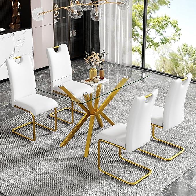 47.24" Rectangular Glass Dining Table Modern Kitchen Glass Top Table for 4 with Gold Metal Legs, Clear Dining Table Kitchen Table for Home Office Dining Room