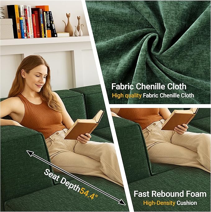 76" Sectional Compressed Sofa Modular Couches,High-Density Foam No Assembly Required, 2-Piece(1x Corner 1x Ottoman) for Living Room, Chenille Green