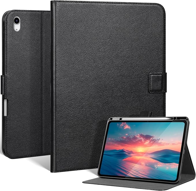 Leather Case for iPad 11th/10th Gen (11/10.9) Black | Genuine Leather Pencil Holder Adjustable Stand Magnetic Closure Auto Wake/Sleep