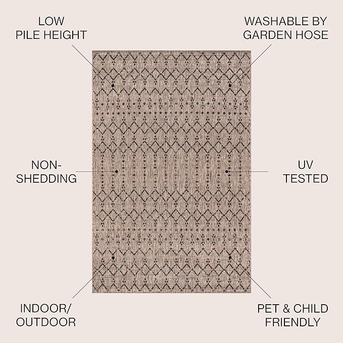 JONATHAN Y SMB108D-9R Ourika Moroccan Geometric Textured Weave Indoor/Outdoor Area Rug, Bohemian, Scandinavian for Bedroom, Kitchen, Living Room, Easy-Cleaning, Natural/Black, 9' Round