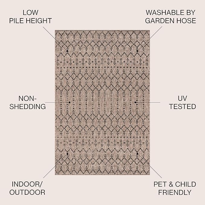 JONATHAN Y SMB108D-5SQ Ourika Moroccan Geometric Textured Weave Indoor Outdoor Area Rug, Bohemian, Rustic, Scandinavian Easy Clean,Bedroom,Kitchen,Backyard,Patio, Non-Shed, Natural/Black, 5' Square