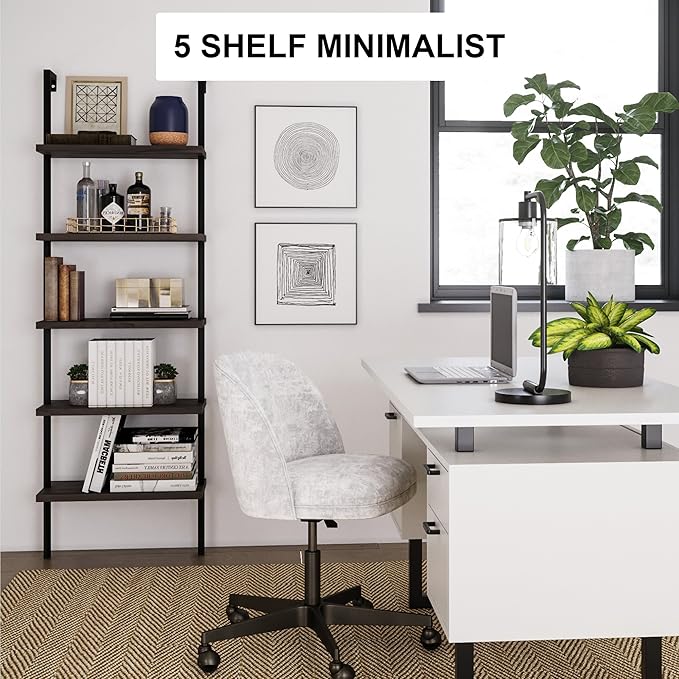 Nathan James Theo 5-Shelf Wood Modern Bookcase, Open Wall Mount Ladder Bookshelf with Industrial Metal Frame, Dark Walnut Brown/Black, Set of 4