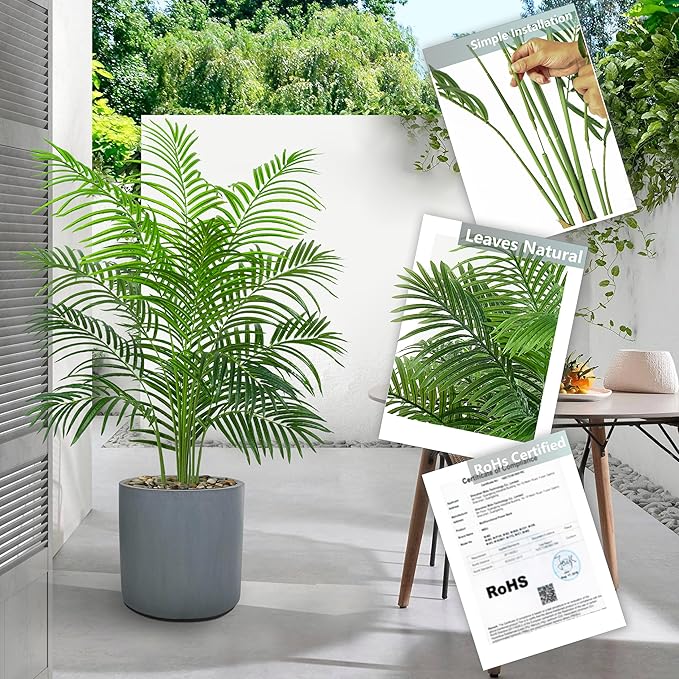 Artificial Palm Tree Plant 6FT Tall Fake Tropical Palm Tree in Pot, Real Bark Design Faux Areca Palm Tree for Home Office Living Room Bedroom Farmhouse Modern Indoor Outdoor Topiary Tree (18 Trunks)