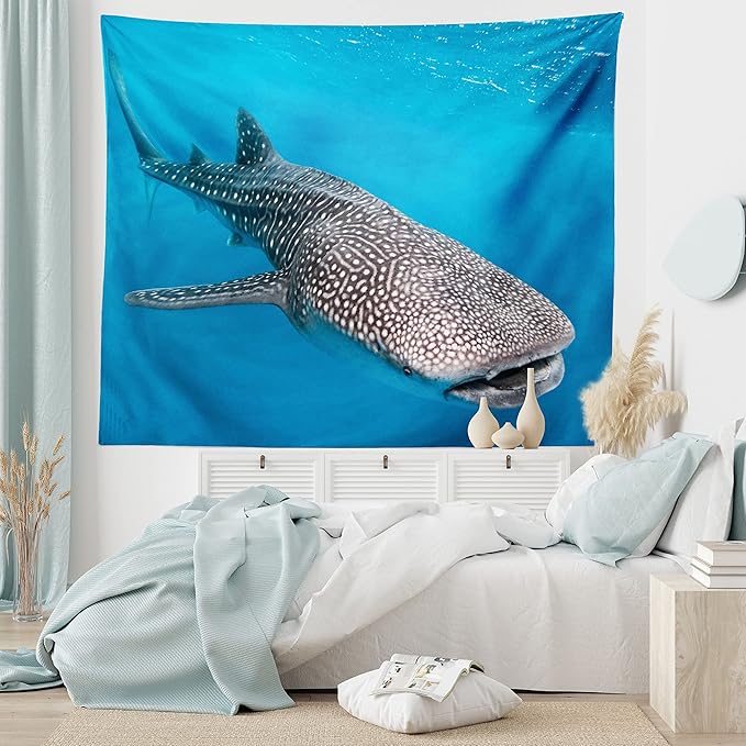 Ambesonne Sea Animals Tapestry, Whale Shark Swimming Predators Hunter Clear Water Under the Sea Picture Print, Fabric Wall Hanging Decor for Bedroom Living Room Dorm, 45" X 30", Dimgray Blue