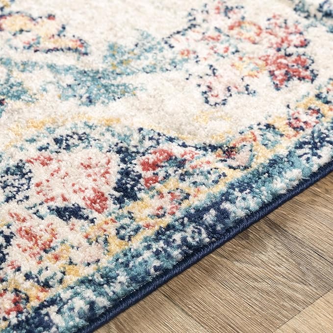 Livabliss Area Rugs - 8ft Round Odelia Vintage Boho Aqua Burgandy Blue Round Area Rug for Living Room Bedroom - Floral Medallion Stain Resistant Carpet for Kitchen, Nursery, Office (7'10" Round)