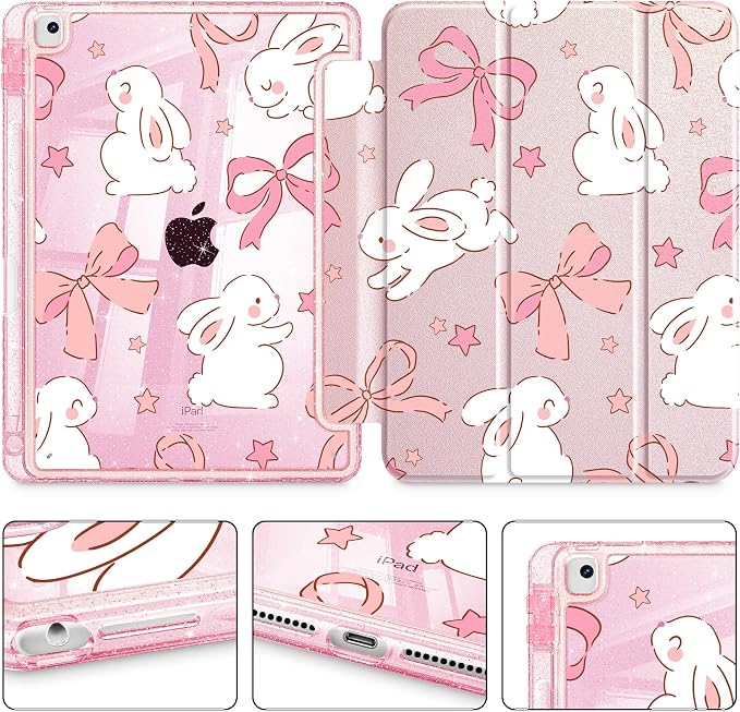 Case for iPad 9th/ 8th/ 7th Generation 10.2-Inch Case(2021/2020/2019 Release) Glitter Tablet Cases with Transparent Acrylic Back+Trifold Stand+Pencil Holder+Auto Wake/Sleep Bows-Stripe