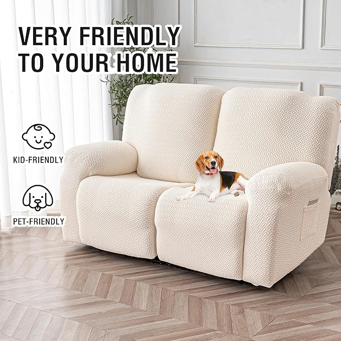 Genina Recliner Loveseat Cover Stretch Couch Covers Sofa slipcover for 2 Seat Reclining Couch Thick Jacquard Furniture Protector (Beige)