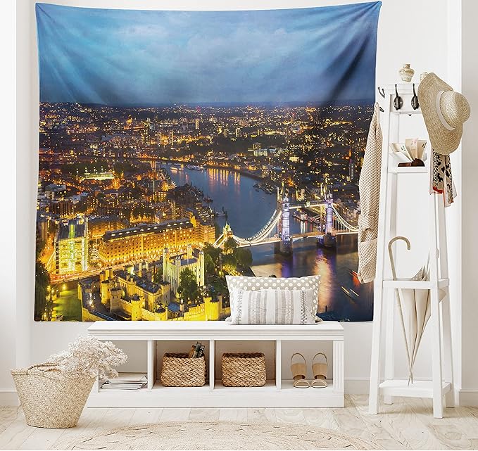 Ambesonne Modern Tapestry Queen Size, Sunset at London England Cityscape Night Time and Tower Bridge Landmark Urban, Wall Hanging Bedspread Bed Cover Wall Decor, Queen Size, Yellow Bluegrey