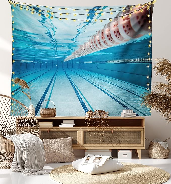 Ambesonne Sports Tapestry, Swimming Pool Underwater View Relaxing Exercise Hobby Leisure Activity Theme Picture, Fabric Wall Hanging Decor for Bedroom Living Room Dorm, 45" X 30", Sky Blue