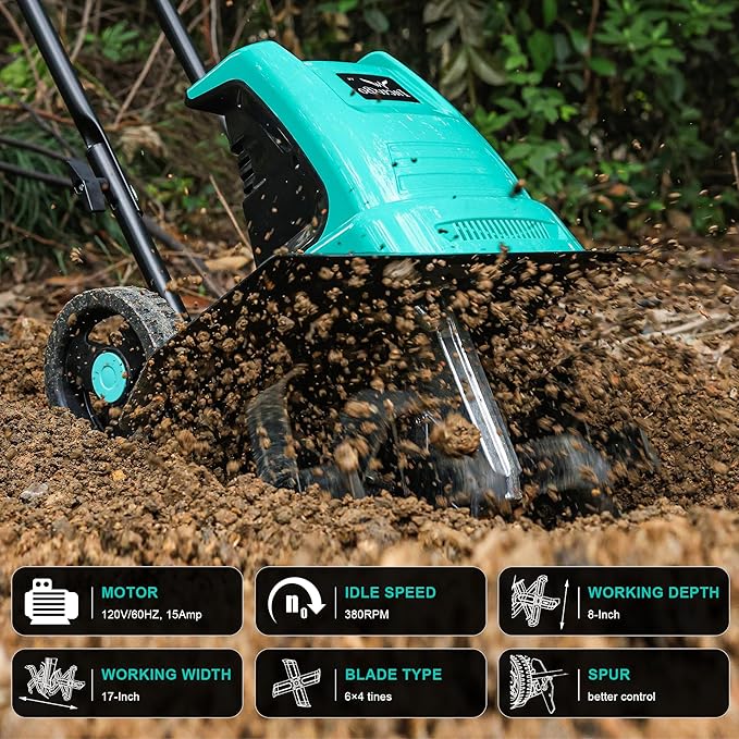 Tiller Cultivator 17 inch 15 Amp 6 Steel Tines Tillers for Gardening Electric Rototiller for Garden Yard